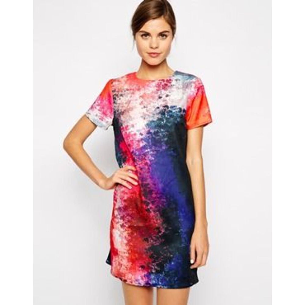 WAREHOUSE Pink Purple Short Sleeve Abstract Print Shift Mini Dress Size 10